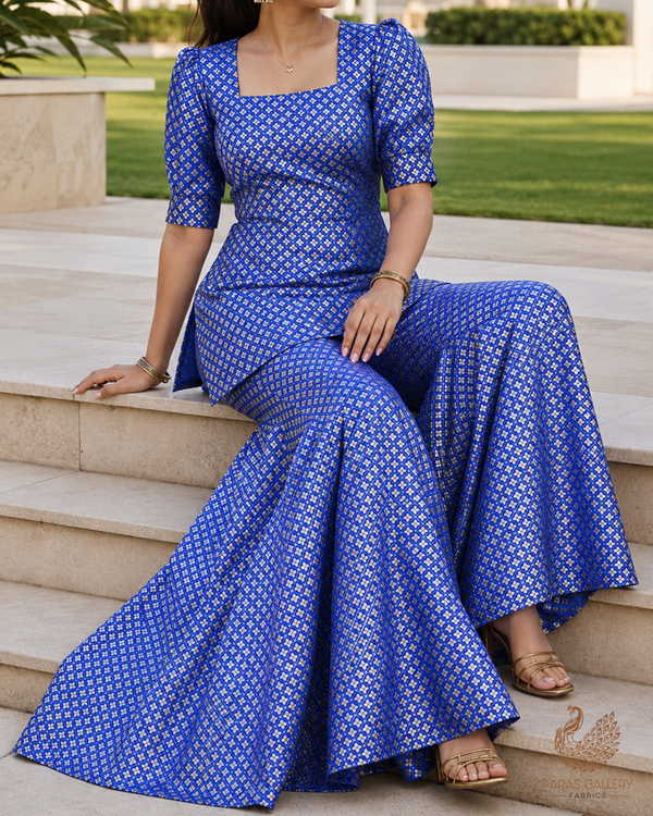 Royal Blue Banarasi Brocade Fabric With All Over Golden Zari Handloom 26422