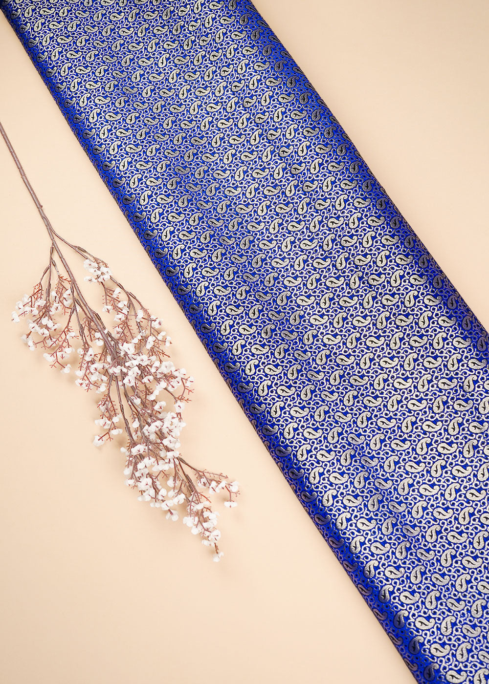 Royal Blue Banarasi Brocade Fabric With All Over Golden Zari Handloom 26423