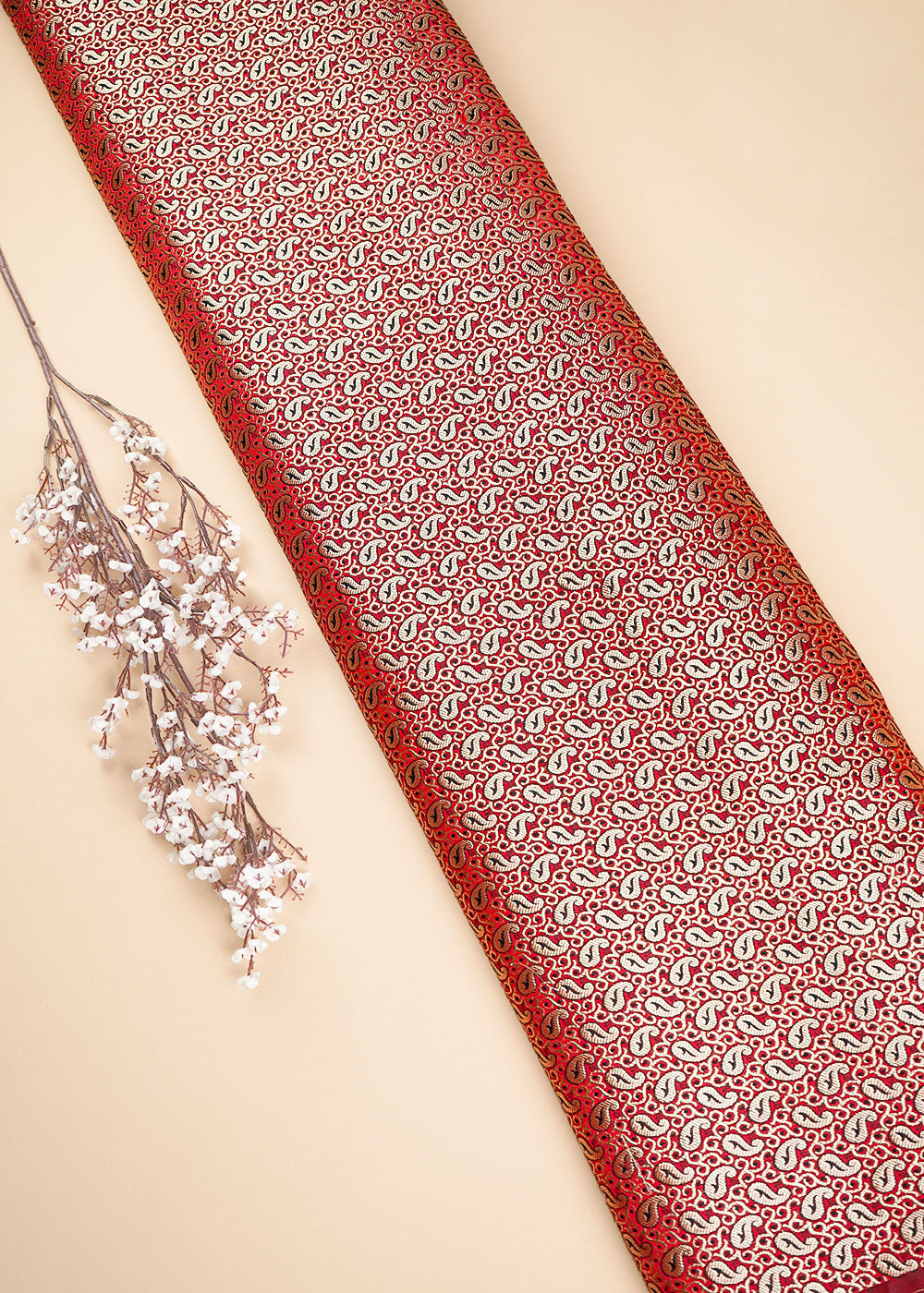 Maroon Banarasi Brocade Fabric With All Over Golden Zari Handloom 26425