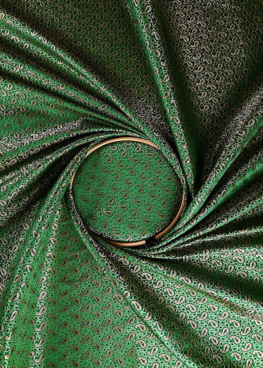 Dark Green Banarasi Brocade Fabric With All Over Golden Zari Handloom 26427