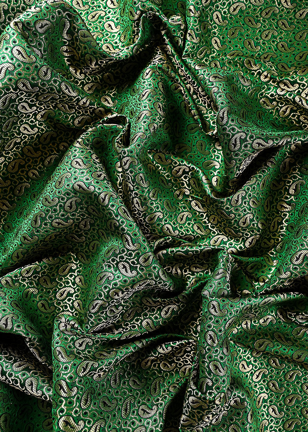 Dark Green Banarasi Brocade Fabric With All Over Golden Zari Handloom 26427