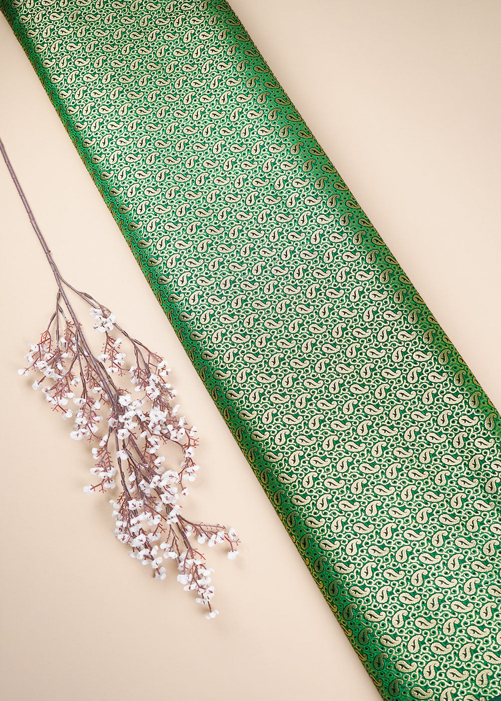 Dark Green Banarasi Brocade Fabric With All Over Golden Zari Handloom 26427