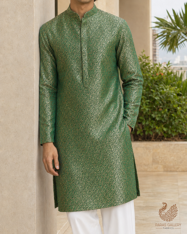 Dark Green Banarasi Brocade Fabric With All Over Golden Zari Handloom 26427