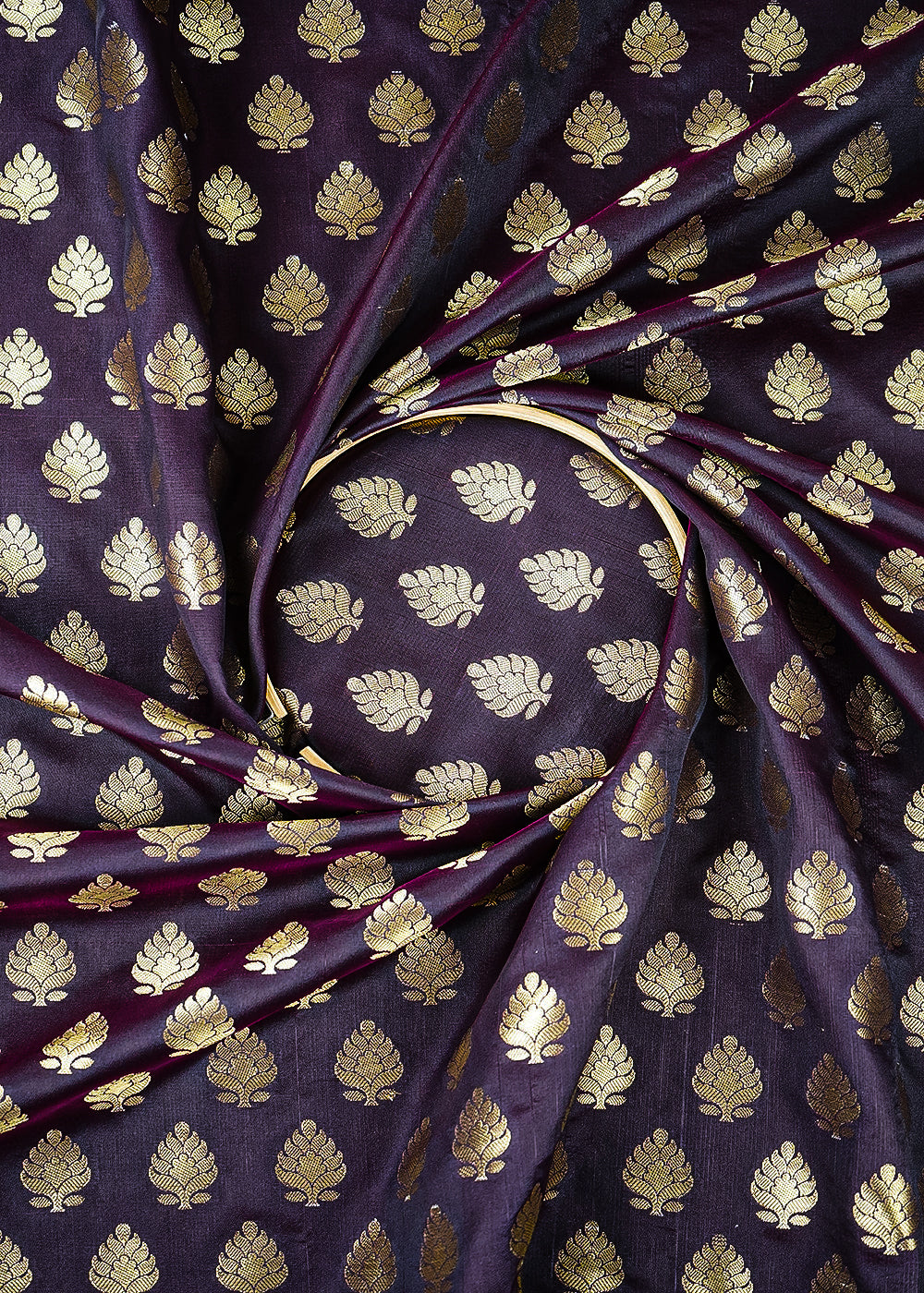 Wine Banarasi Brocade Fabric With All Over Golden Zari Handloom 26428