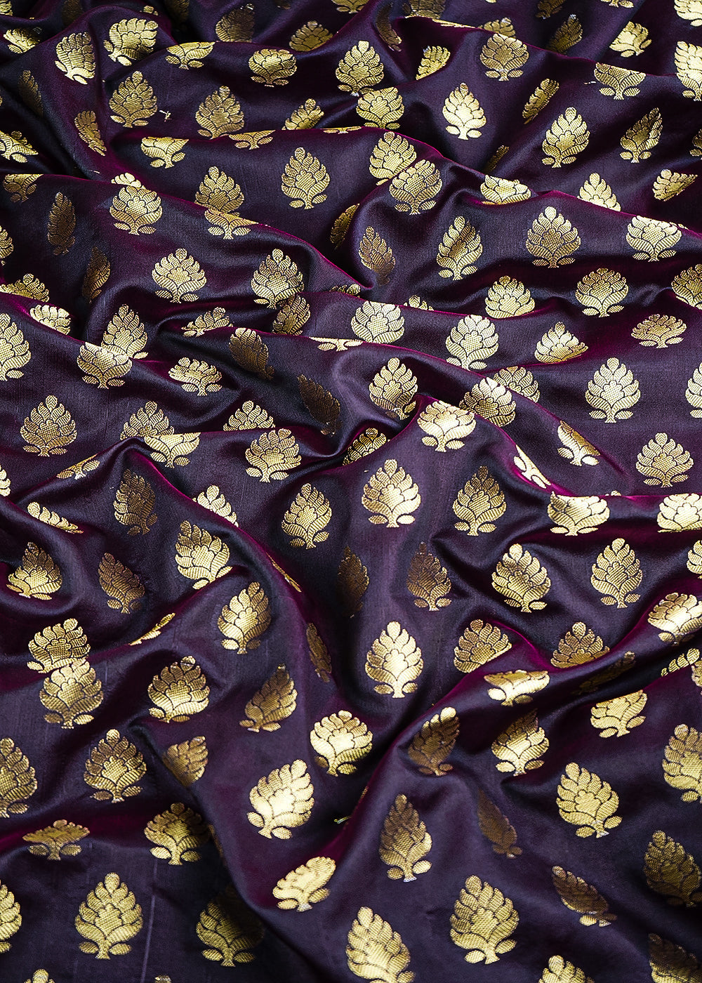 Wine Banarasi Brocade Fabric With All Over Golden Zari Handloom 26428