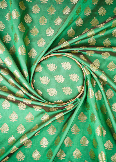 Green Banarasi Brocade Fabric With All Over Golden Zari Handloom 26429