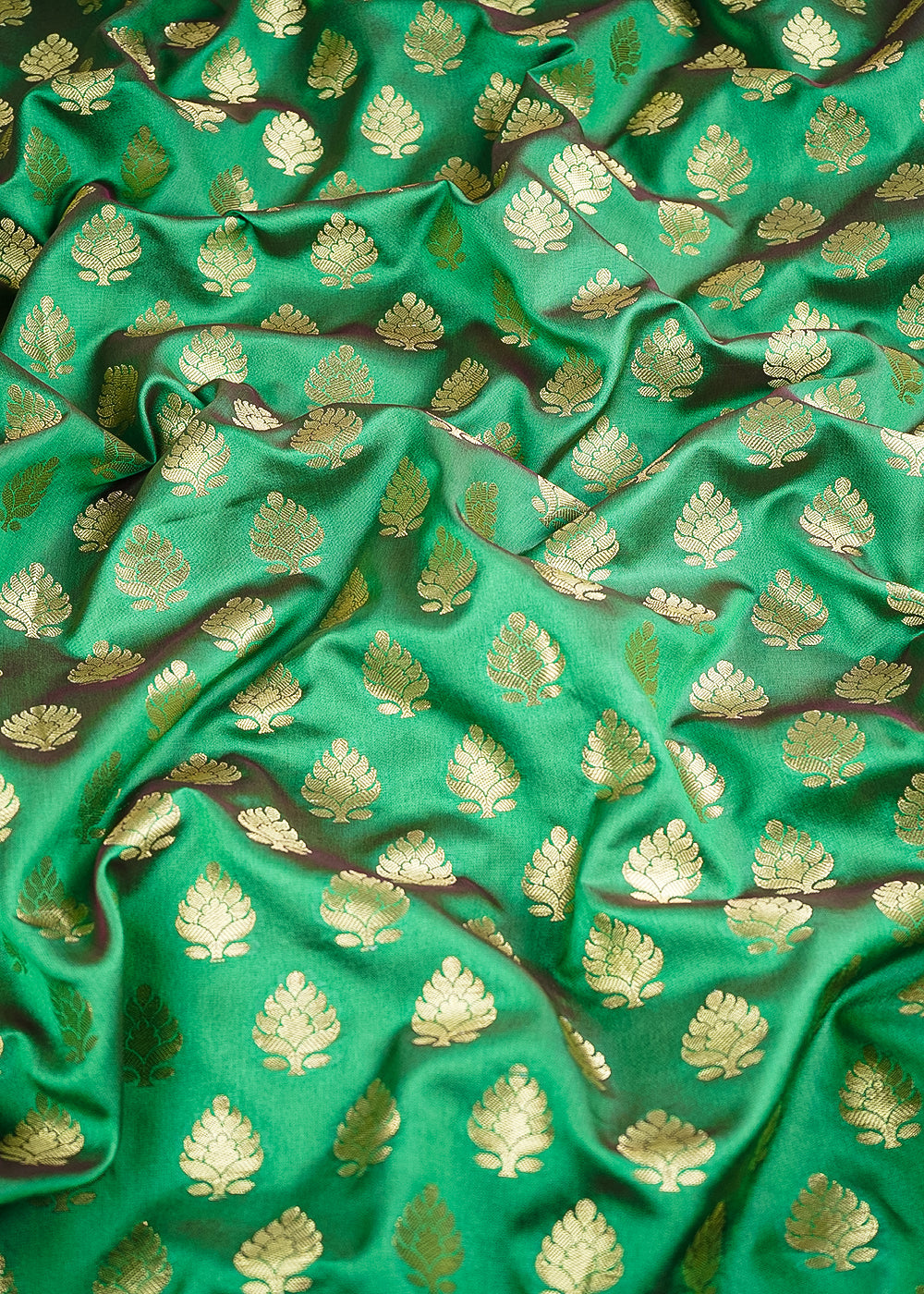 Green Banarasi Brocade Fabric With All Over Golden Zari Handloom 26429