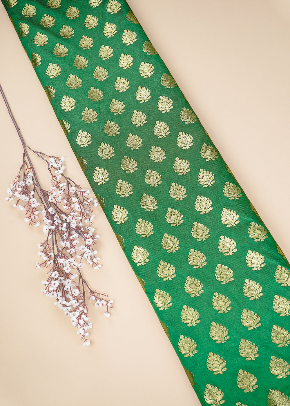 Green Banarasi Brocade Fabric With All Over Golden Zari Handloom 26429