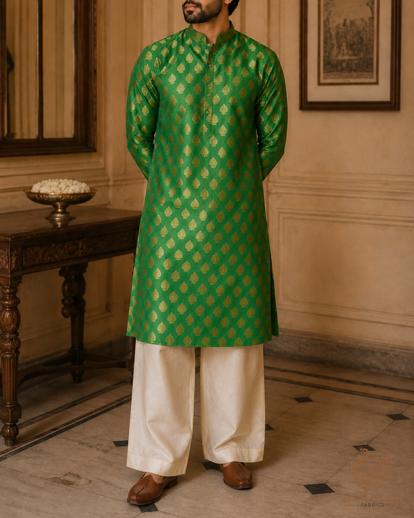 Green Banarasi Brocade Fabric With All Over Golden Zari Handloom 26429