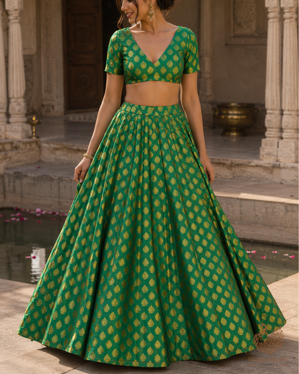 Green Banarasi Brocade Fabric With All Over Golden Zari Handloom 26429