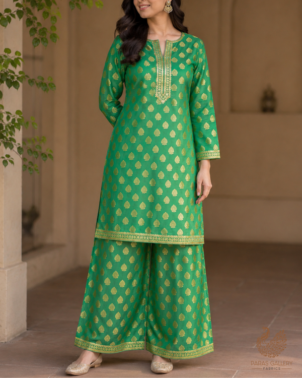 Green Banarasi Brocade Fabric With All Over Golden Zari Handloom 26429