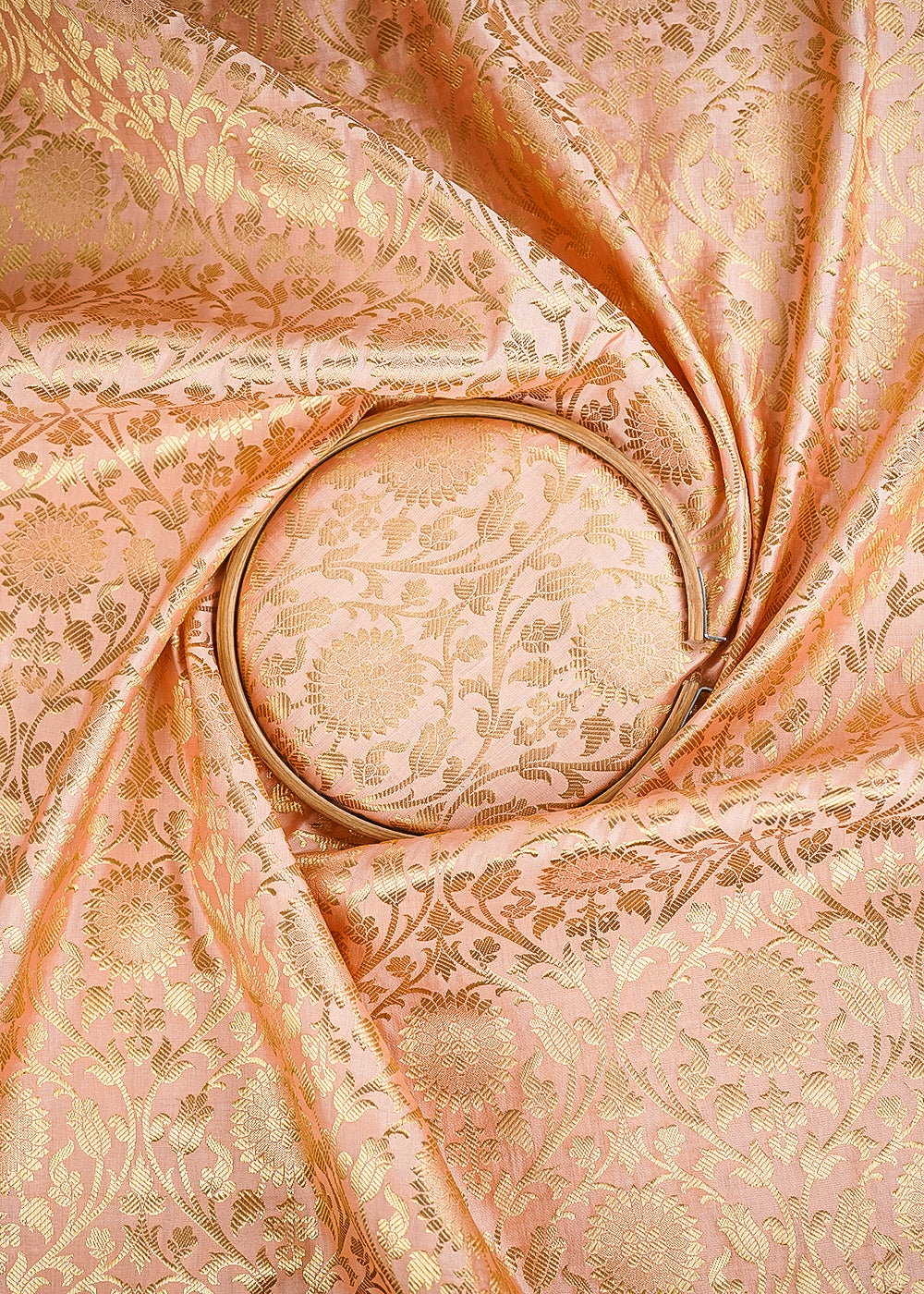 Peach Banarasi Brocade Fabric With All Over Golden Zari Handloom 26430
