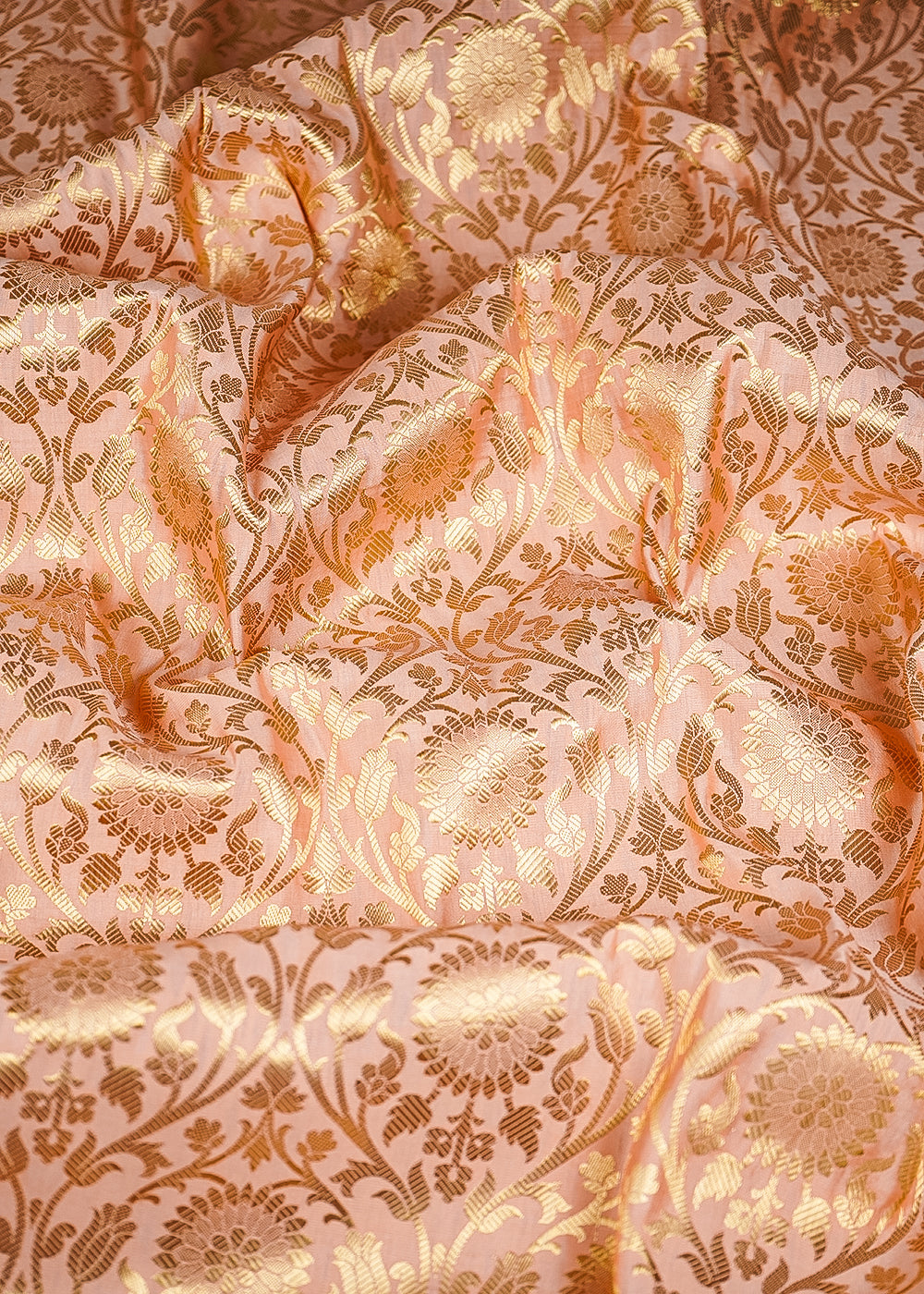 Peach Banarasi Brocade Fabric With All Over Golden Zari Handloom 26430