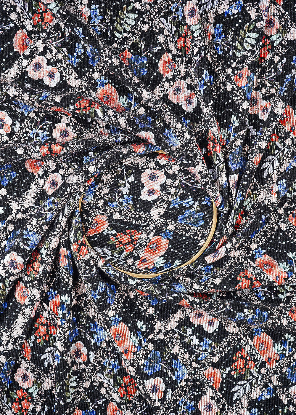 Black Moonlight Fabric With All Over Floral Print And Sequins Work  26435