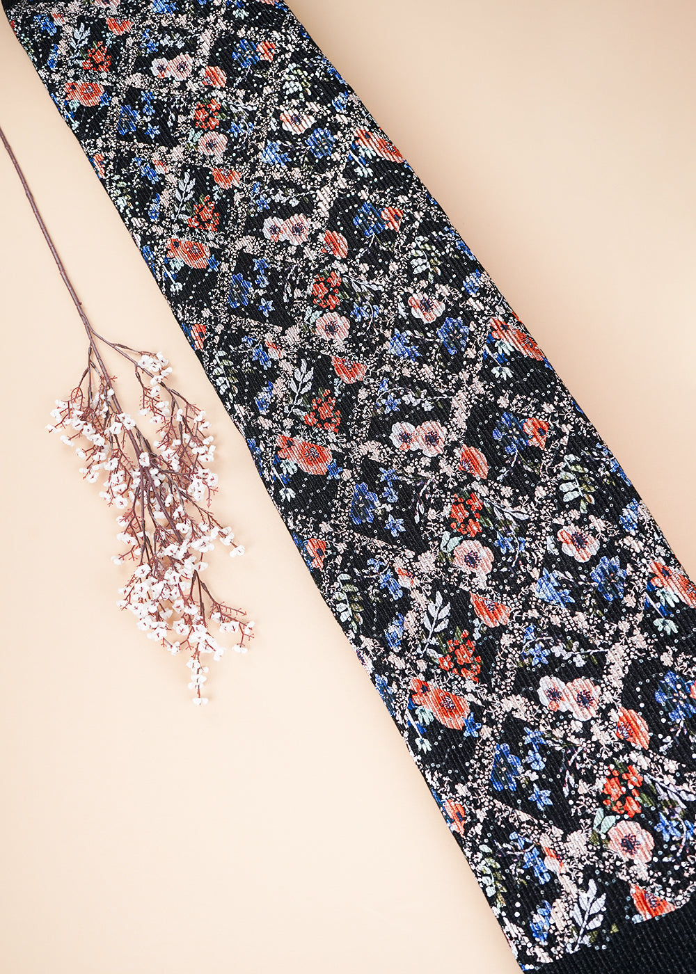 Black Moonlight Fabric With All Over Floral Print And Sequins Work  26435