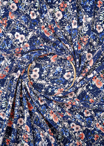 Navy Blue Moonlight Fabric With All Over Floral Print And Sequins Work  26436