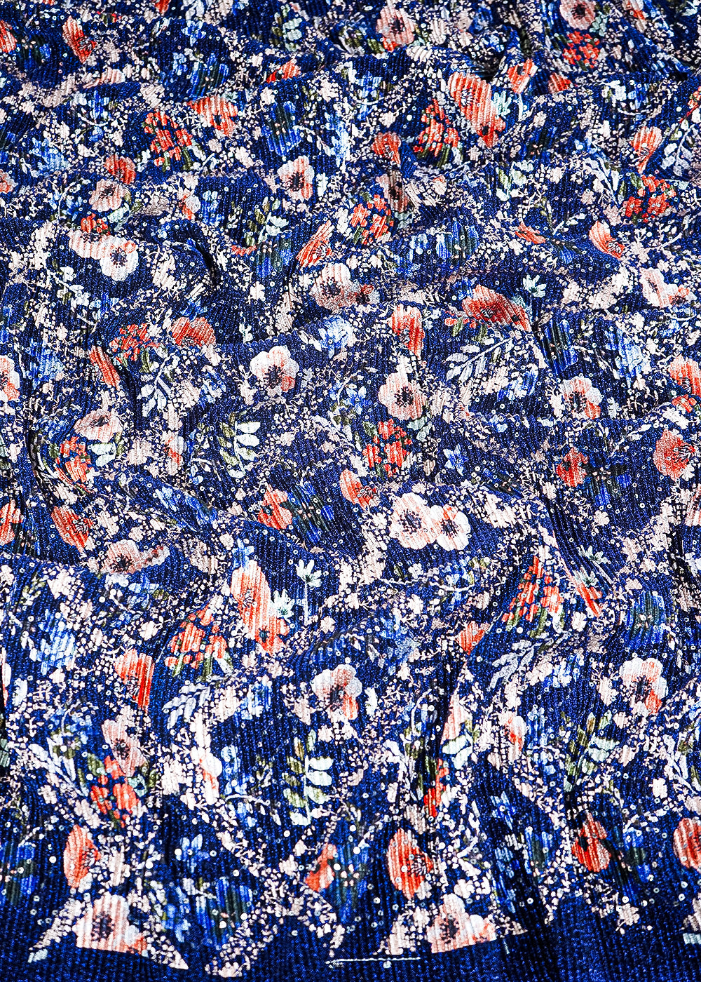 Navy Blue Moonlight Fabric With All Over Floral Print And Sequins Work  26436