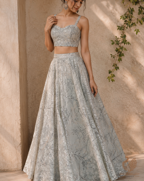 Pista Green Imported Lycra Fabric With All Over Thread And Foil Work 26439