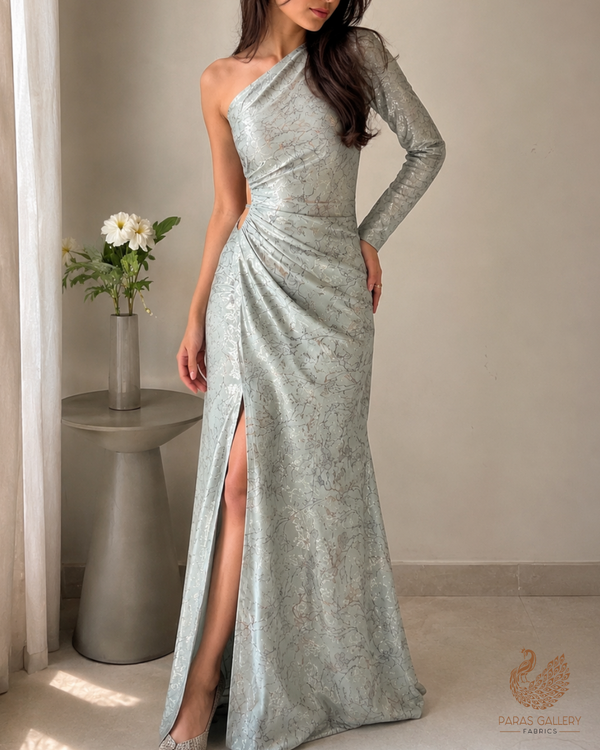 Pista Green Imported Lycra Fabric With All Over Thread And Foil Work 26439