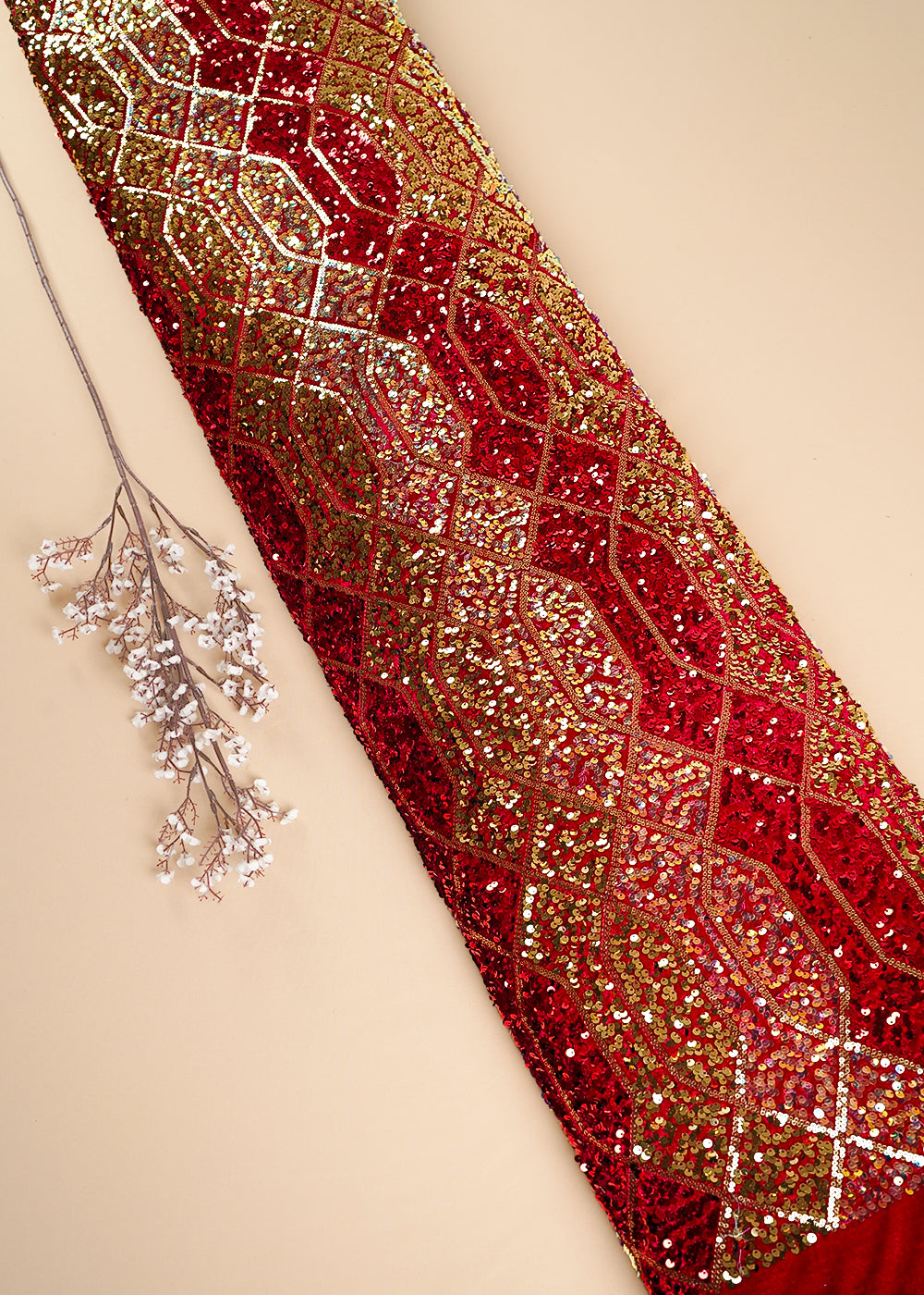 Red Velvet Fabric With All Over Sequins Work 26443
