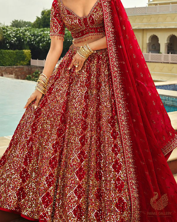 Red Velvet Fabric With All Over Sequins Work 26443