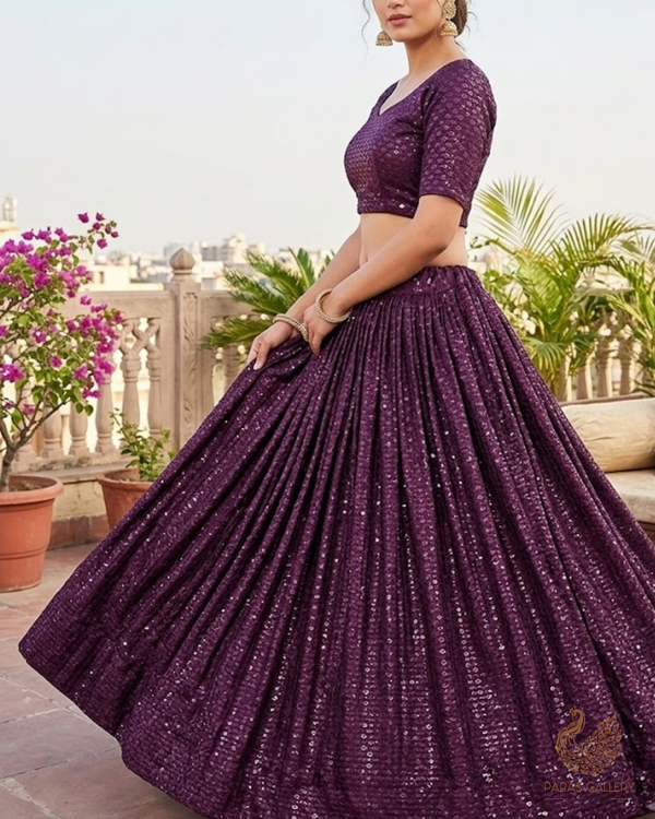 Wine Satin Fabric With All Over Thread And Sequins Work 26445