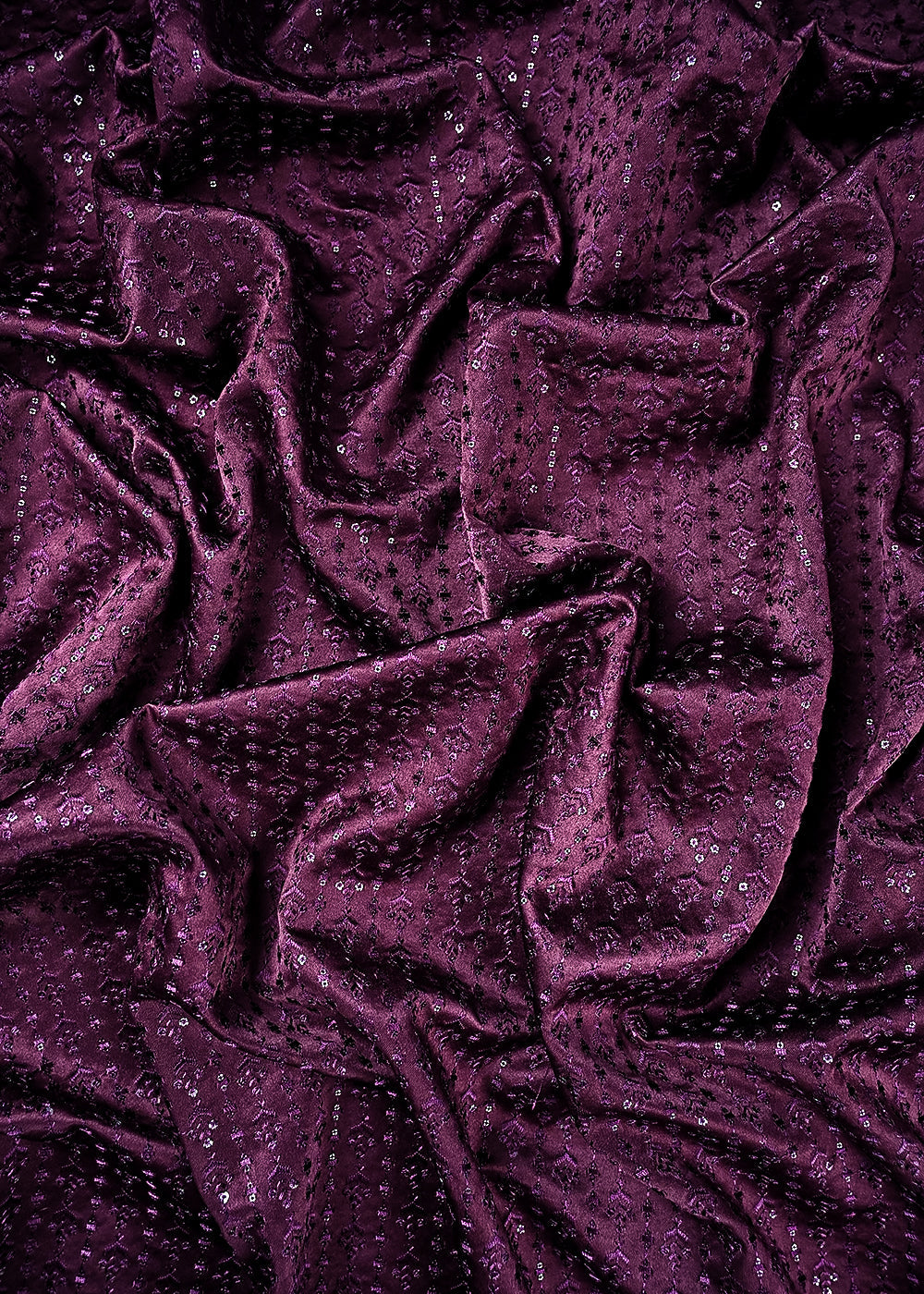 Wine Satin Fabric With All Over Thread And Sequins Work 26446