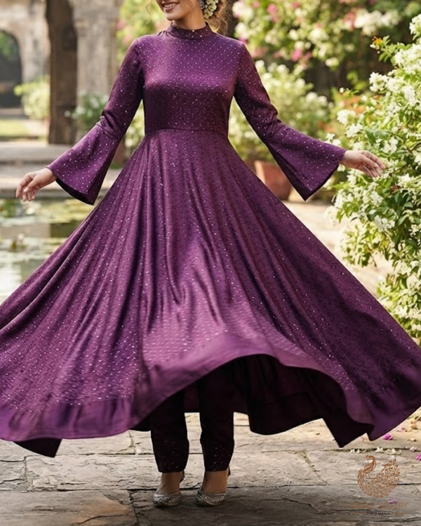 Wine Satin Fabric With All Over Thread And Sequins Work 26446