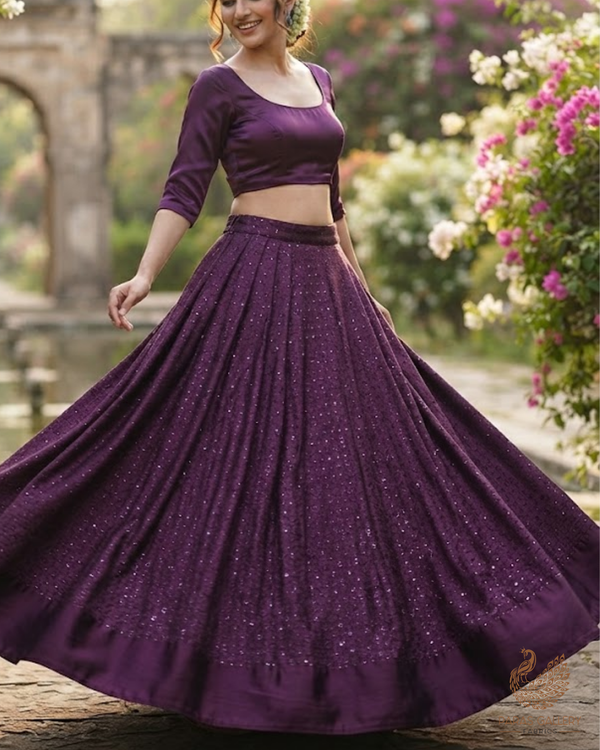 Wine Satin Fabric With All Over Thread And Sequins Work 26446