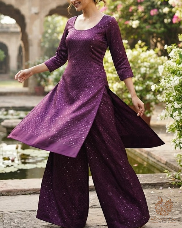 Wine Satin Fabric With All Over Thread And Sequins Work 26446