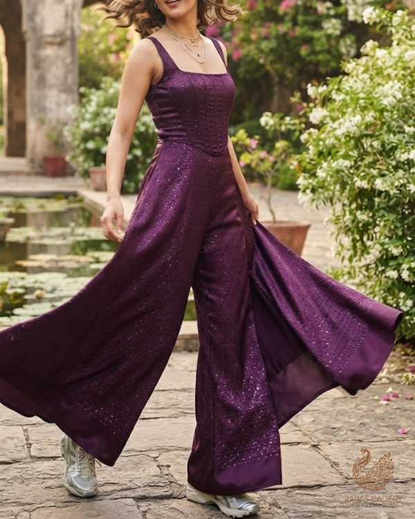 Wine Satin Fabric With All Over Thread And Sequins Work 26446