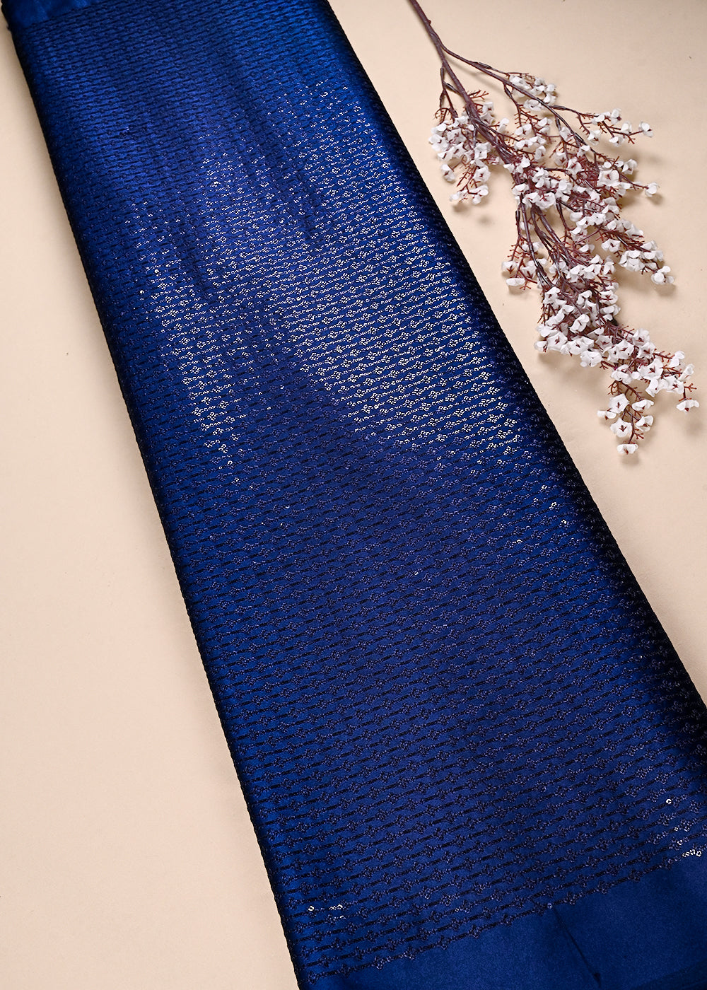 Navy Blue Satin Fabric With All Over Thread And Sequins Work 26447