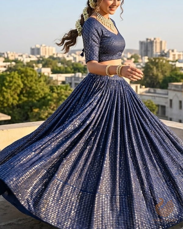 Navy Blue Satin Fabric With All Over Thread And Sequins Work 26447