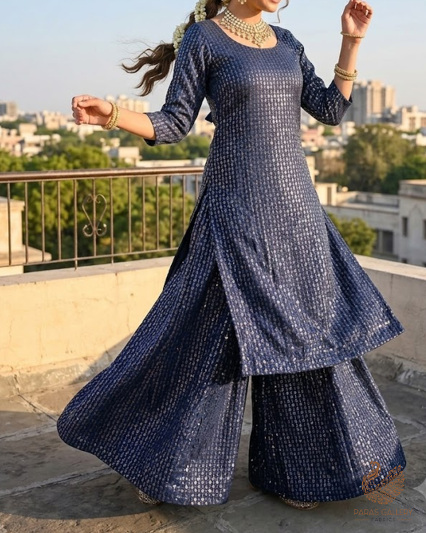 Navy Blue Satin Fabric With All Over Thread And Sequins Work 26447