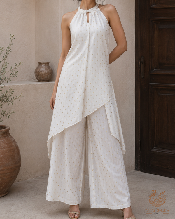 White Dyeable Chanderi Fabric With All Over Zari Handloom 26448