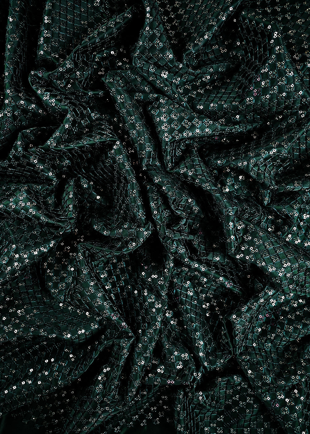 Bottle Green Satin Fabric With All Over Thread And Sequins Work 26449