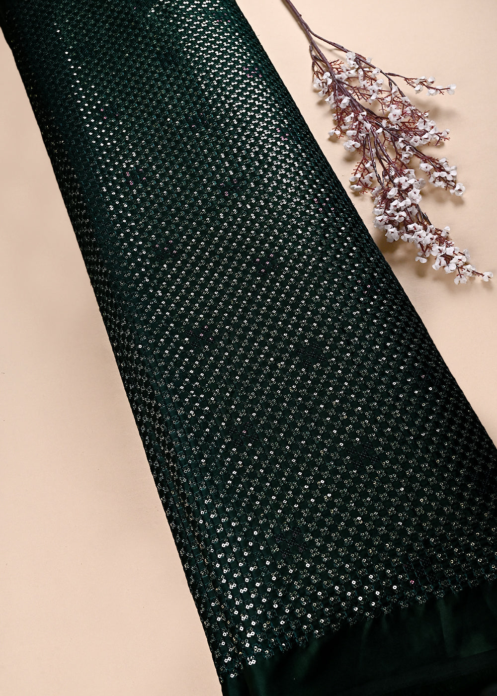 Bottle Green Satin Fabric With All Over Thread And Sequins Work 26449