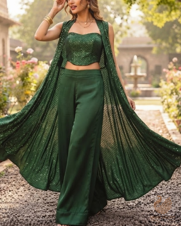 Bottle Green Satin Fabric With All Over Thread And Sequins Work 26449