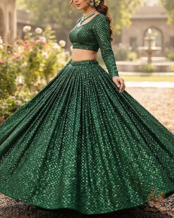 Bottle Green Satin Fabric With All Over Thread And Sequins Work 26449
