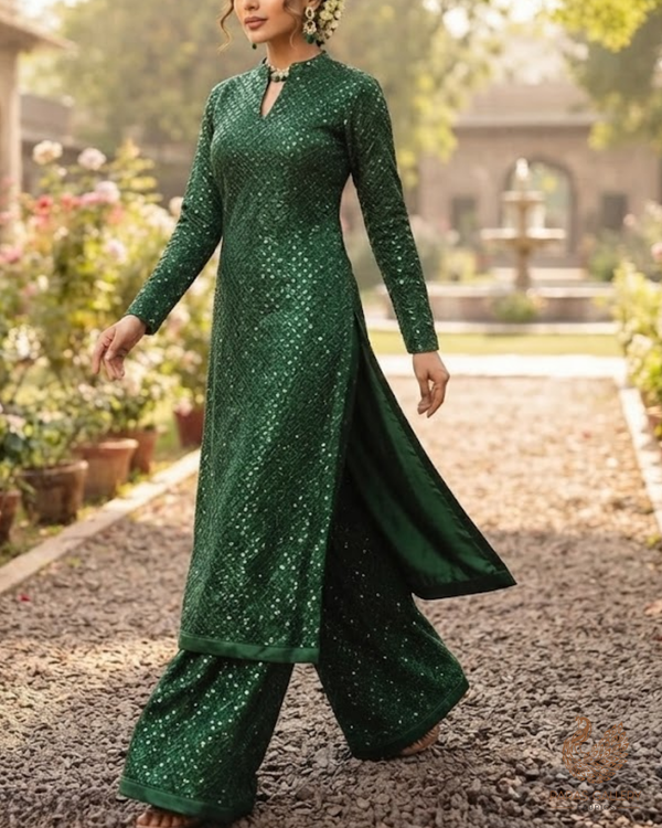 Bottle Green Satin Fabric With All Over Thread And Sequins Work 26449