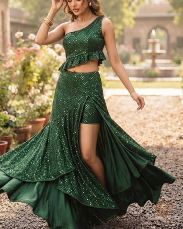 Bottle Green Satin Fabric With All Over Thread And Sequins Work 26449
