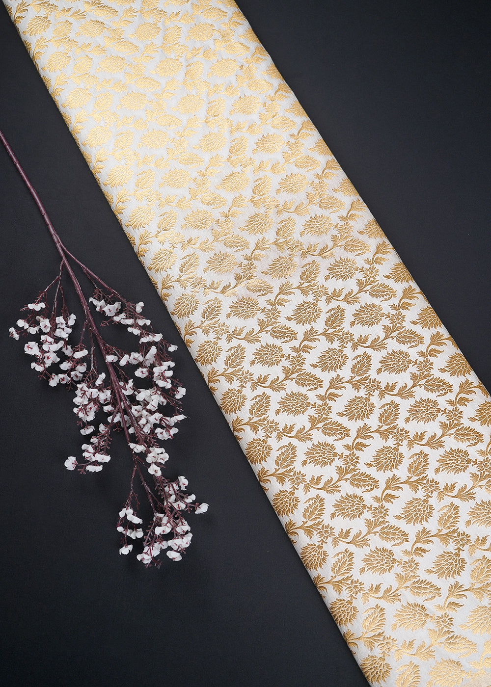 White Dyeable Silk Fabric With All Over Golden Zari Handloom 26451