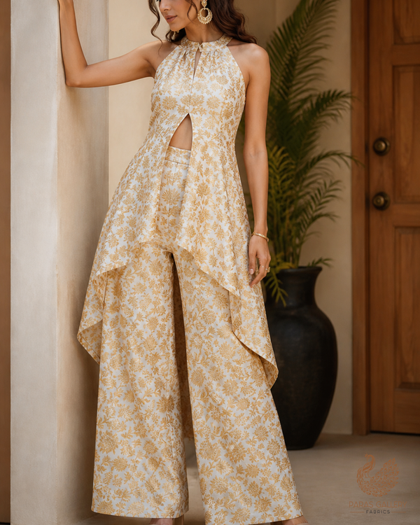 White Dyeable Silk Fabric With All Over Golden Zari Handloom 26451