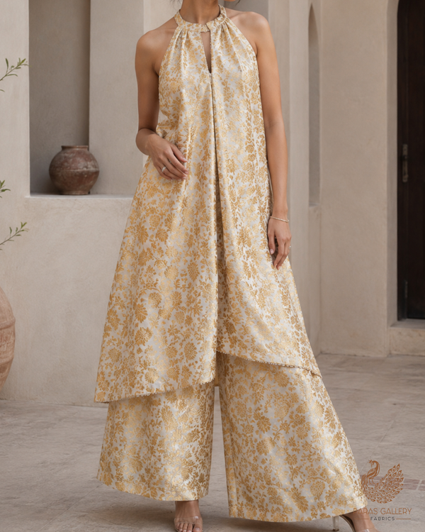 White Dyeable Silk Fabric With All Over Golden Zari Handloom 26451