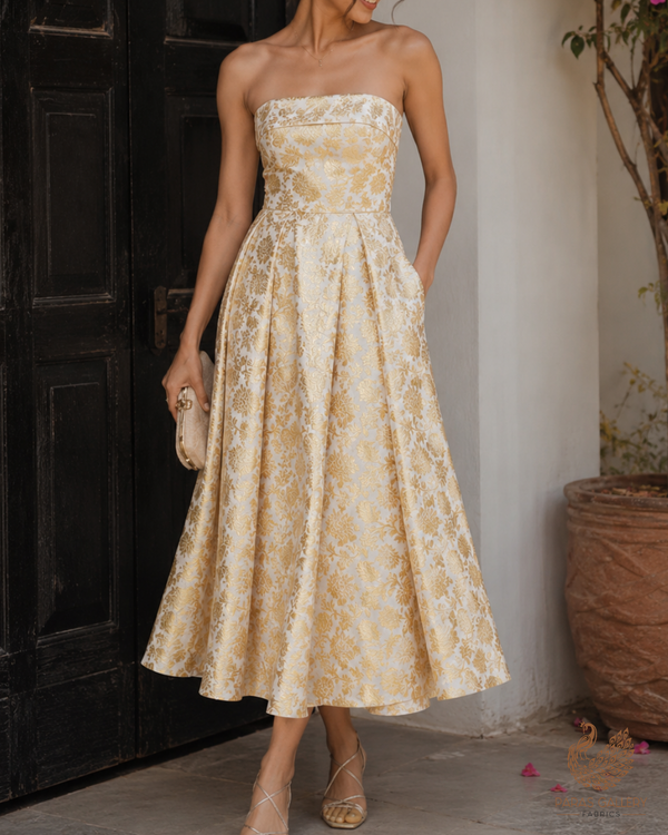 White Dyeable Silk Fabric With All Over Golden Zari Handloom 26451