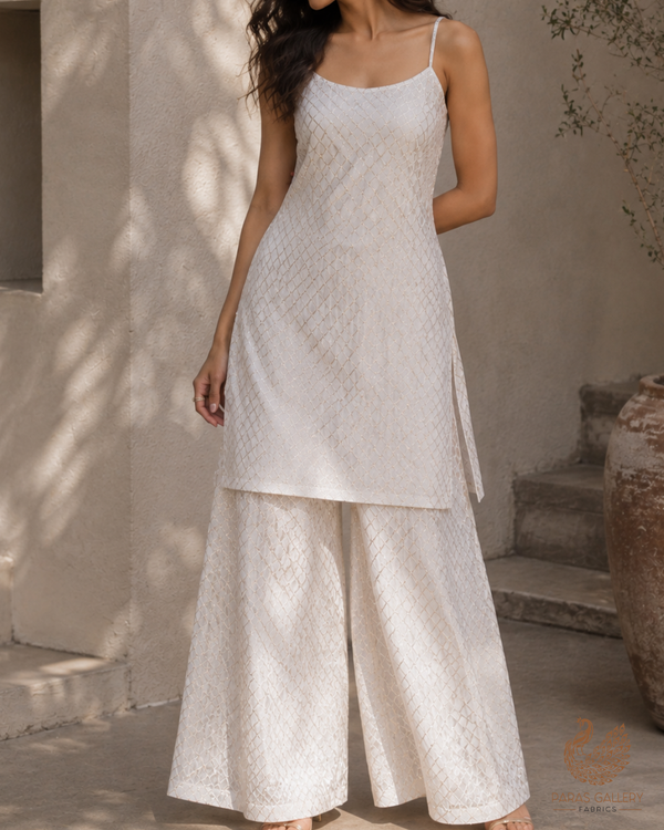White Dyeable Chanderi Fabric With All Over Sequins, Thread And Zari Handloom 26454