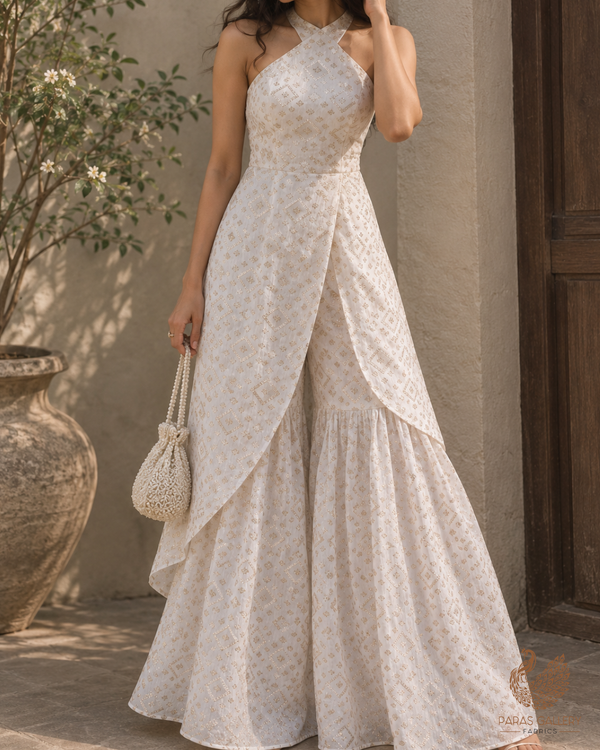 White Dyeable Chanderi Fabric With All Over Zari Handloom 26455