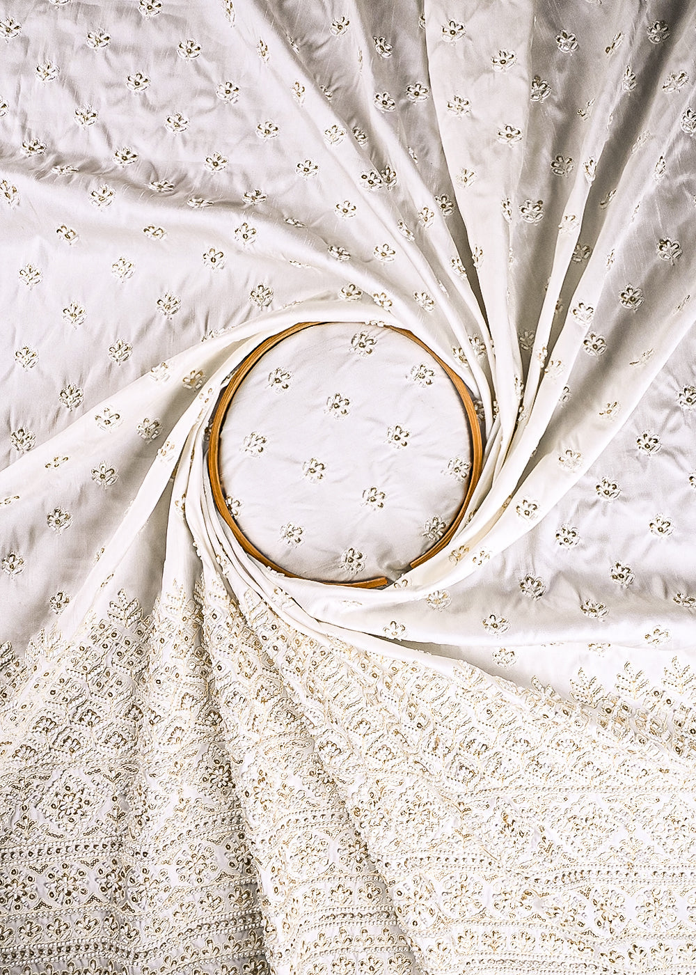 White Silk Dupion Fabric With All Over Sequins And Katdana Work With Border 26456