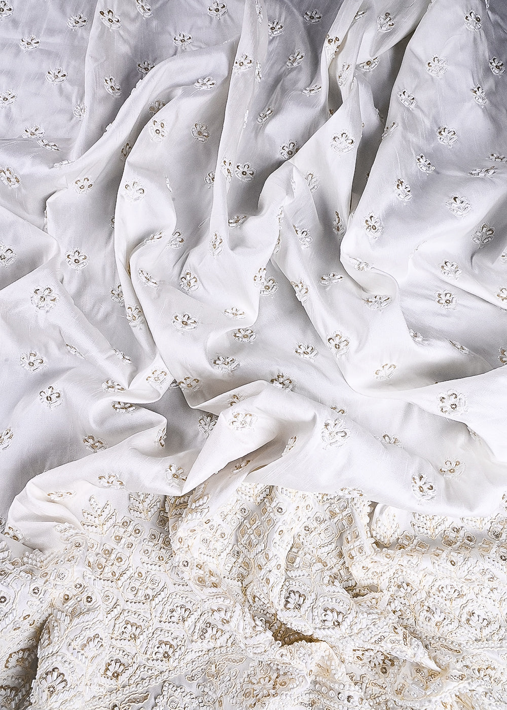 White Silk Dupion Fabric With All Over Sequins And Katdana Work With Border 26456
