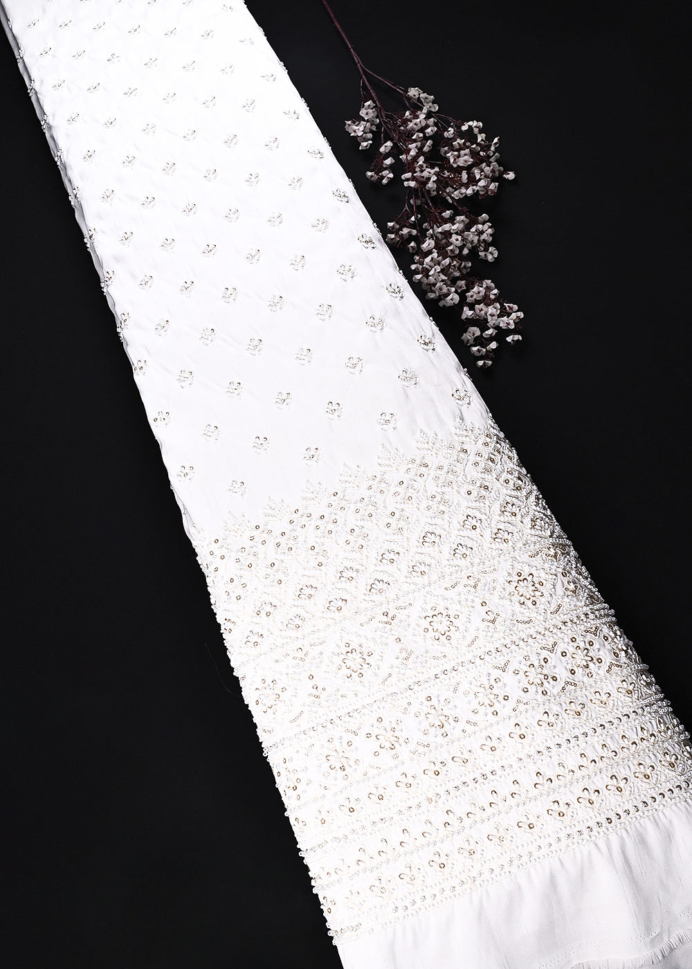 White Silk Dupion Fabric With All Over Sequins And Katdana Work With Border 26456